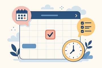 Time management calendar interface with appointment reminders, meeting agendas, clock, checklist, scheduling, planning, productivity, modern flat vector cartoon illustration