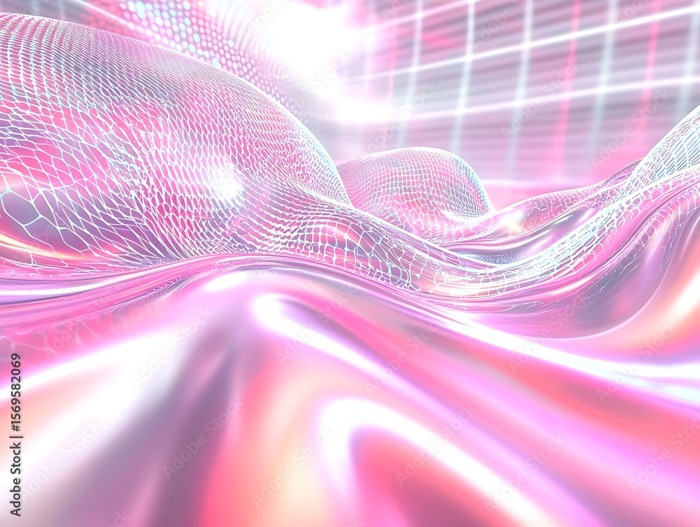 Poster abstract digital landscape with glowing pink waves and mesh patterns in a futuristic environment sho