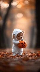 dog in a ghost costume holding a pumpkin in a foggy autumn forest, warm morning light, cinematic bokeh, leaves on the ground,