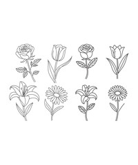 Flower Line Art Clipart, Hand Drawn Floral Outline, Simple Black and White Flower Vector, Botanical Illustration, Minimalist Flower Design for Crafts, Invitations, Prints, and Digital Use
