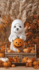 dog in a ghost costume holding a pumpkin beside an old wooden cart full of harvest items, vintage harvest theme,