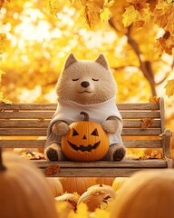 dog in a ghost costume holding a pumpkin in a foggy autumn forest, warm morning light, cinematic bokeh, leaves on the ground,
