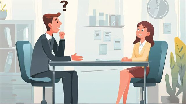 Illustration of a job interview with a man asking questions and a woman answering confidently in a modern office setting. Concept of recruitment, career opportunity and professional communication
 - Powered by Adobe