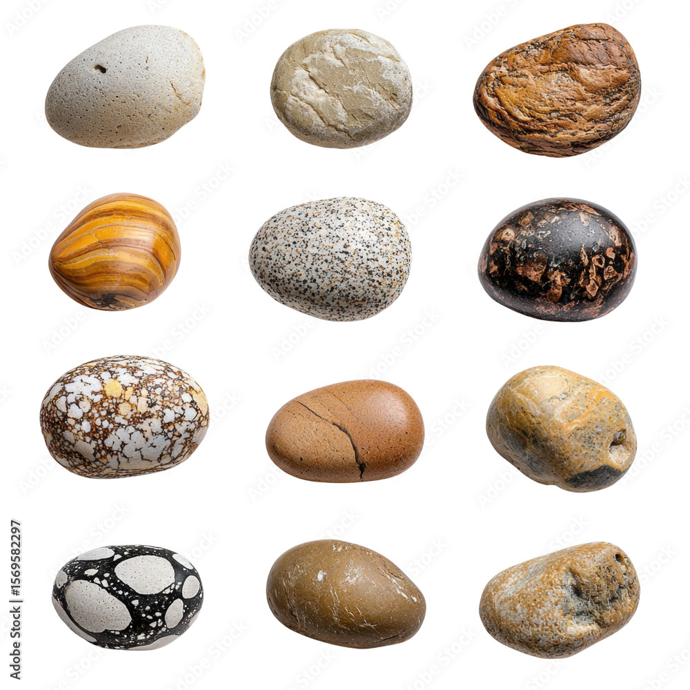 Aufkleber varied natural stones collection displaying unique textures and colors in a flat layout for backgrou