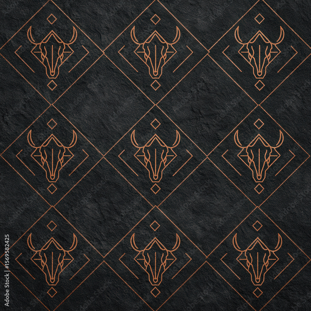 Aufkleber seamless abstract pattern featuring bison skull icons on dark background with geometric elements