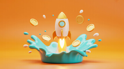 A 3D digital illustration shows a white and gold retro rocket launching from a turquoise splash with floating gold coins nearby