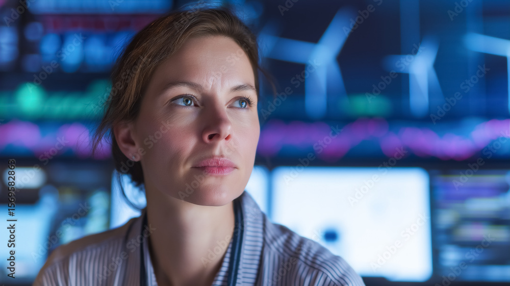 Poster woman looking thoughtfully in control room with screens showing data and graphs. high-tech environme