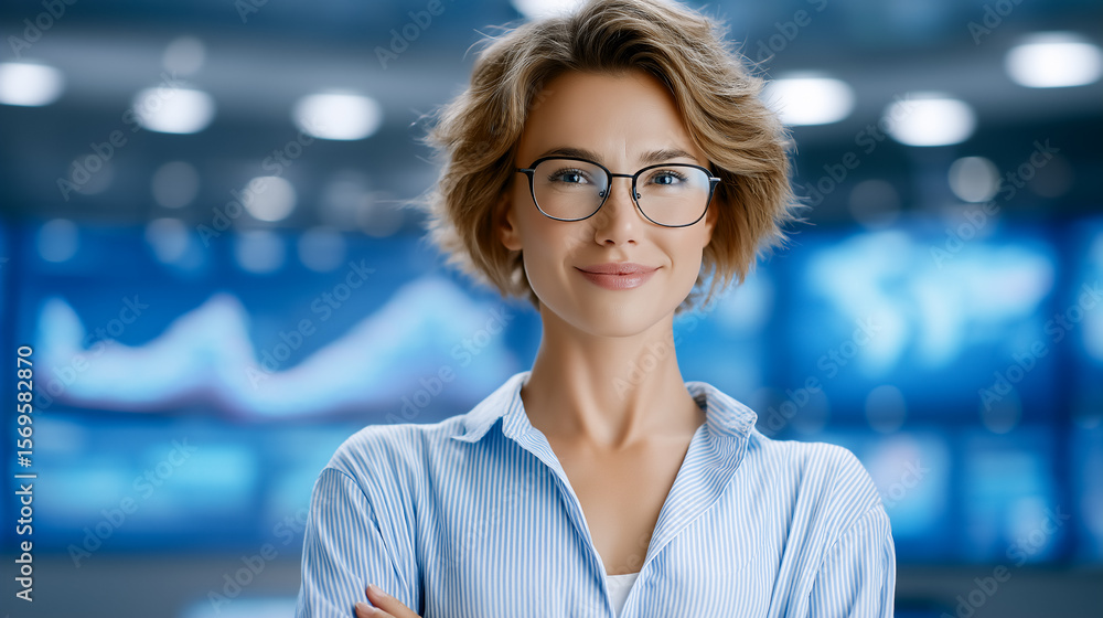 Poster confident woman smiling and looking at camera with arms crossed in bright office setup. background f