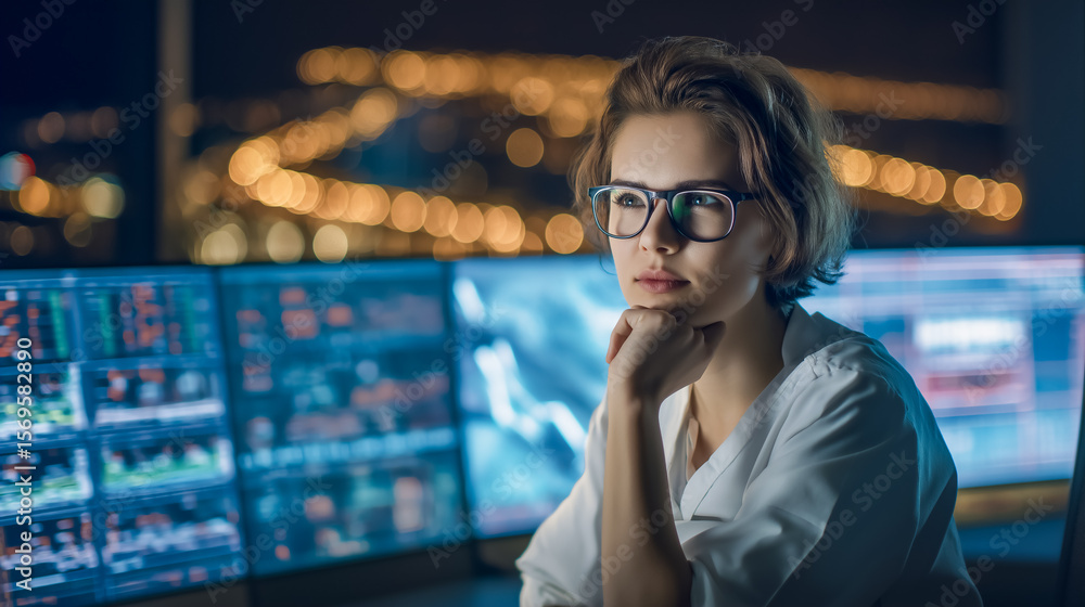 Poster woman focused on analyzing financial data at night. illuminated screens display graphs and charts in