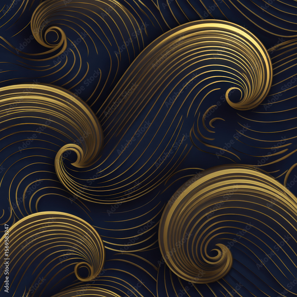 Poster abstract seamless pattern featuring curved paths and golden swirls on a dark background for decorati