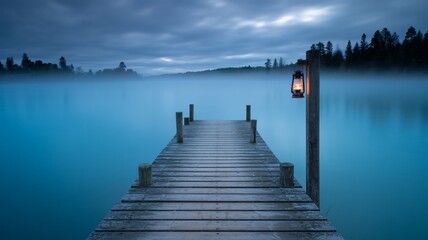 Obraz premium Wooden pier with a glowing lantern on a misty lake at dusk creating an atmospheric scene