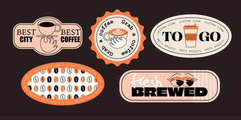 Design of coffee stickers and icons. Retro art for cafe, poster, stores. Concept characters and coffee mugs. Flat vector illustration.