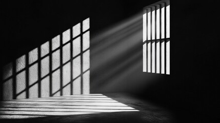 Black and white photograph of an empty room with two large windows on the right side. the windows are made of metal bars and are arranged in a grid-like pattern.