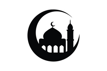Serene Silhouette: Mosque and Crescent Moon Icon, Islamic Faith Symbol, Elegant Minimalist Design, Black and White Vector Graphic, Perfect for Religious Holiday Cards, Websites, and Branding Materials