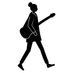 Silhouette of a person walking with an acoustic guitar slung over their shoulder