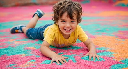 Joyful Toddler Playing in Colorful Sand, Happy Child Outdoor Fun, Bright Summertime