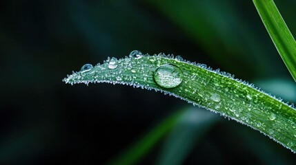 Obraz premium Close-up of a blade of grass with water droplets on it. the blade is long and slender, with a pointed tip. the droplets are glistening in the light and are scattered across the surface of the blade.