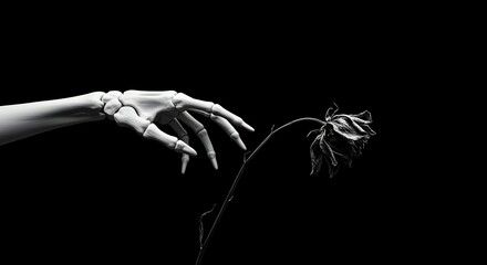 Skeletal Hand Reaching for a Withered Rose A Monochrome Still Life Photography