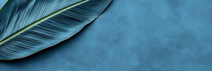 Two metallic blue leaves on a textured blue background create a minimalistic and elegant composition.