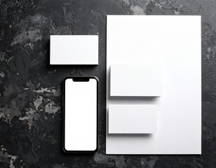 Blank Business Cards And Smartphone Mockup On Dark Concrete Background
