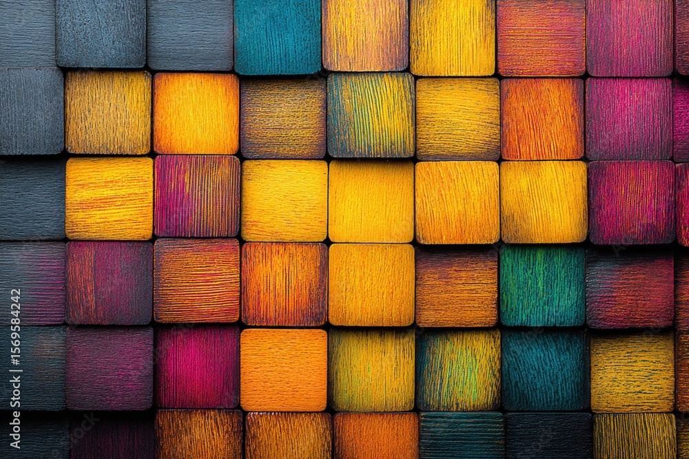 Poster Bright Multicolored Wooden Blocks Arranged in a Geometric Pattern with Vibrant Colors and Textured Surfaces for Artistic and Decorative Use