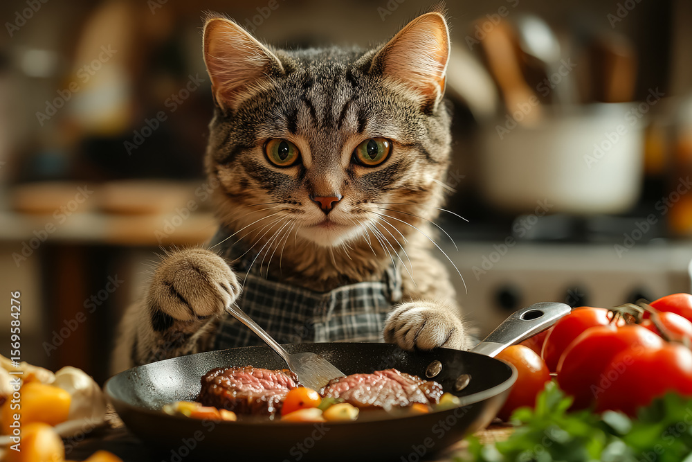 Aufkleber cat is sitting at a table with a plate of food in front of it. the cat is wearing an apron and he is