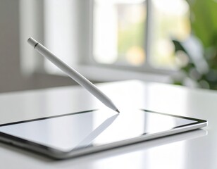 White Tablet With Stylus On White Table