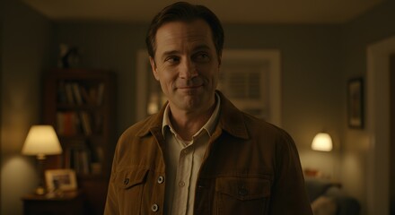 Smiling Man in a Brown Jacket, Warmly Lit Living Room, Homely Atmosphere, Relaxed Expression, Domestic Scene