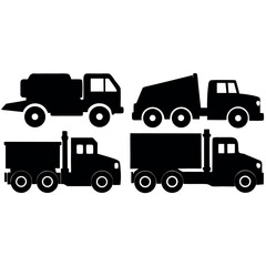 Collection of diverse black silhouette trucks on a white background