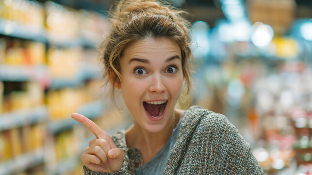 Excited Shopper in Supermarket Aisle: A young woman with a joyful expression points excitedly at something on a supermarket aisle, showcasing a moment of impulsive discovery or a great deal.