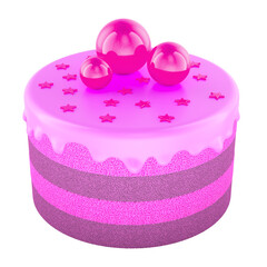 Pink layered cake with glossy icing, star sprinkles and decorative spheres. Perfect for girls birthday, princess party or its a girl baby shower. 3D rendering isolated on transparent background