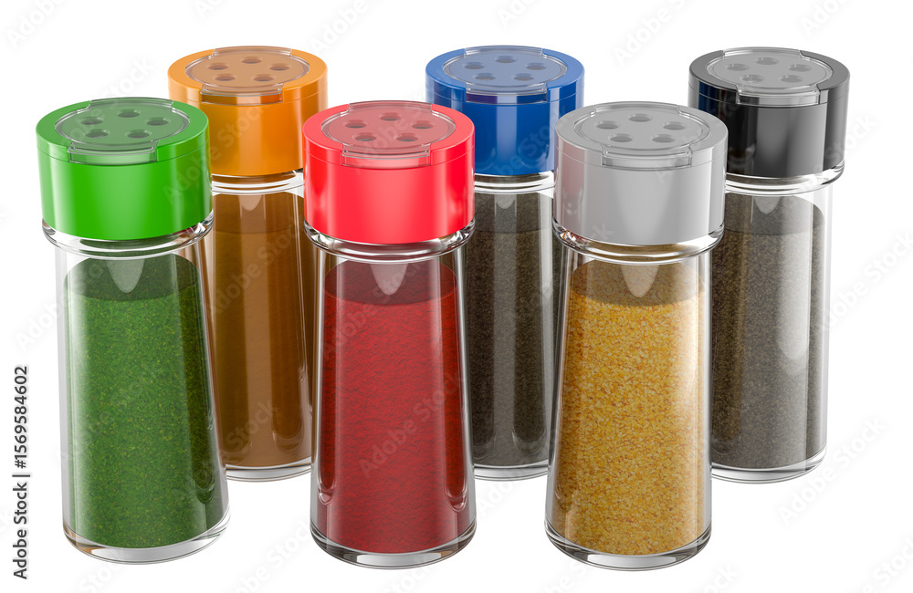 Poster spice jars set with different spices. 3d rendering isolated on transparent background