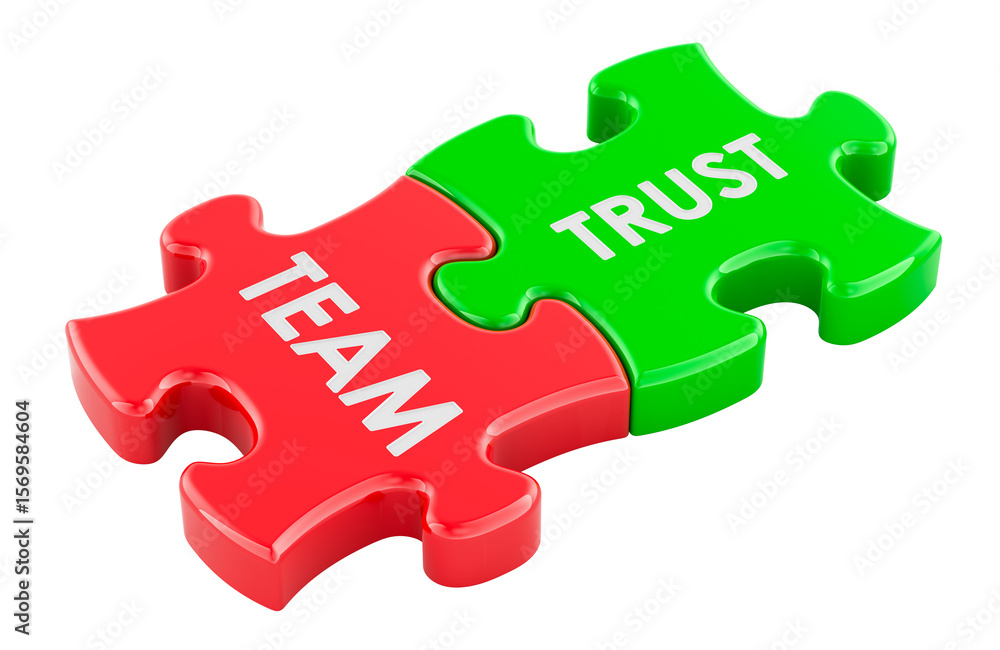 Poster team and trust, puzzle pieces connection. 3d rendering isolated on transparent background
