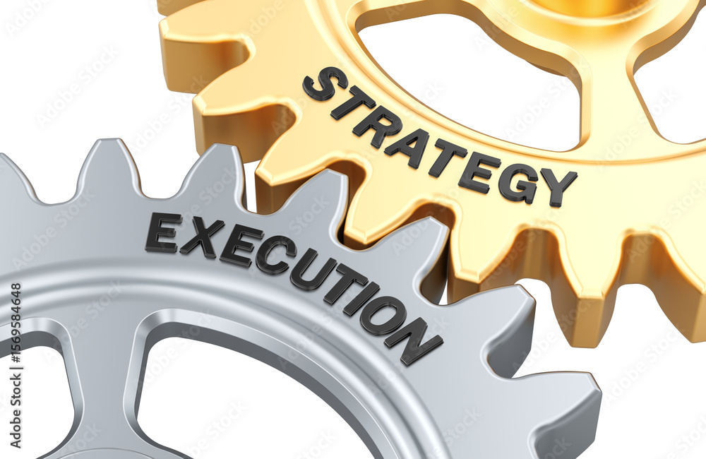 Poster strategy and execution, gears concept. 3d rendering isolated on transparent background