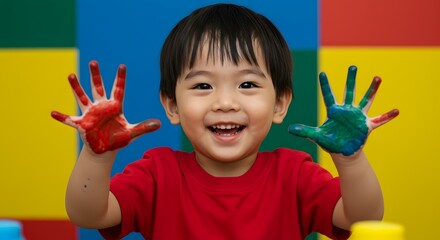 Joyful Toddler with Paint-Covered Hands, Happy Child Artistic Expression, Colorful Creativity