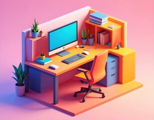 Colorful Pixel Art Minimalist Workspace With Computer And Plants
