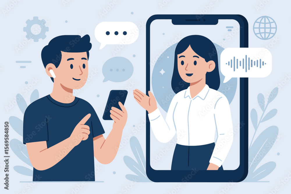 Poster man communicating with an ai assistant chatbot. virtual support agent on smartphone screen. customer