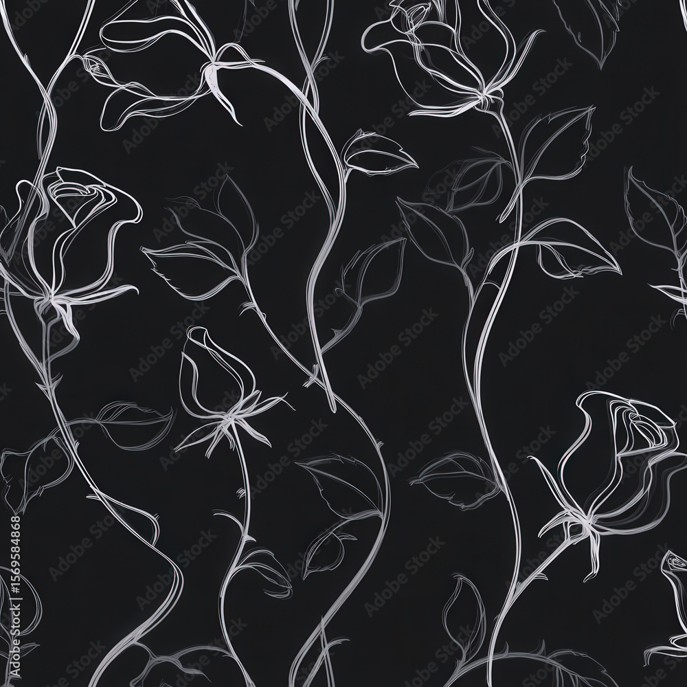 Poster abstract seamless pattern of delicate rose outlines with elegant curling vines on dark background