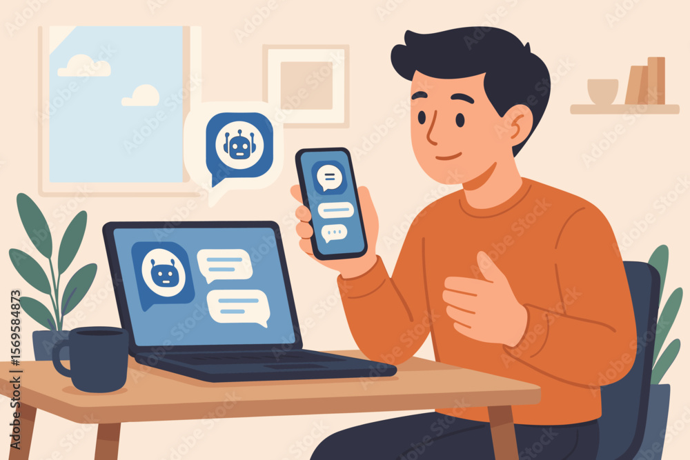 Poster man using ai chatbot assistant on smartphone and laptop for smart communication. concept of future t