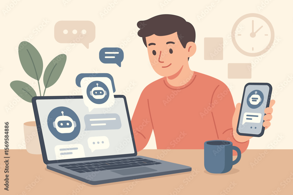Fototapete ai assistant concept. man using chatbot interface on smartphone and laptop for smart communication a