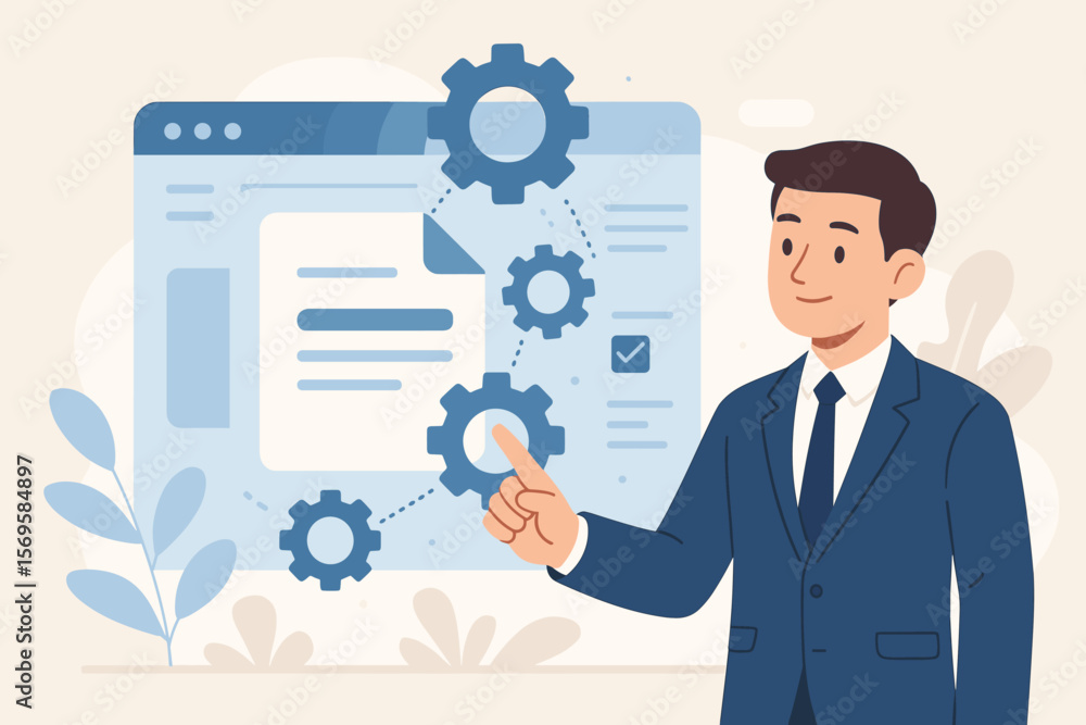 Poster ai document management system concept with businessman touching virtual gear icons. digital file int