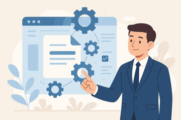 AI document management system concept with businessman touching virtual gear icons. Digital file interface for automation, paperless workflow, data processing, and organization.