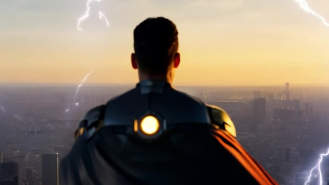 Superhero transformation with glowing eyes and lightning