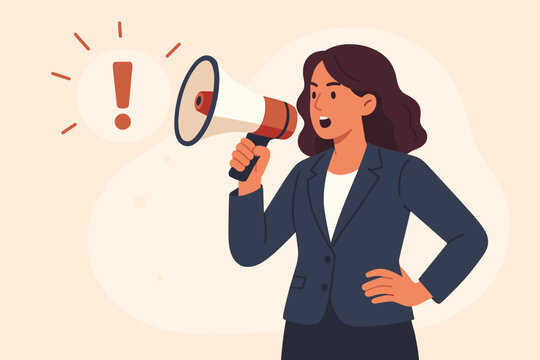 Attention announcement. Businesswoman with megaphone making an important message. Exclamation point icon. Public speaking, communication, broadcasting. Loud voice concept vector.