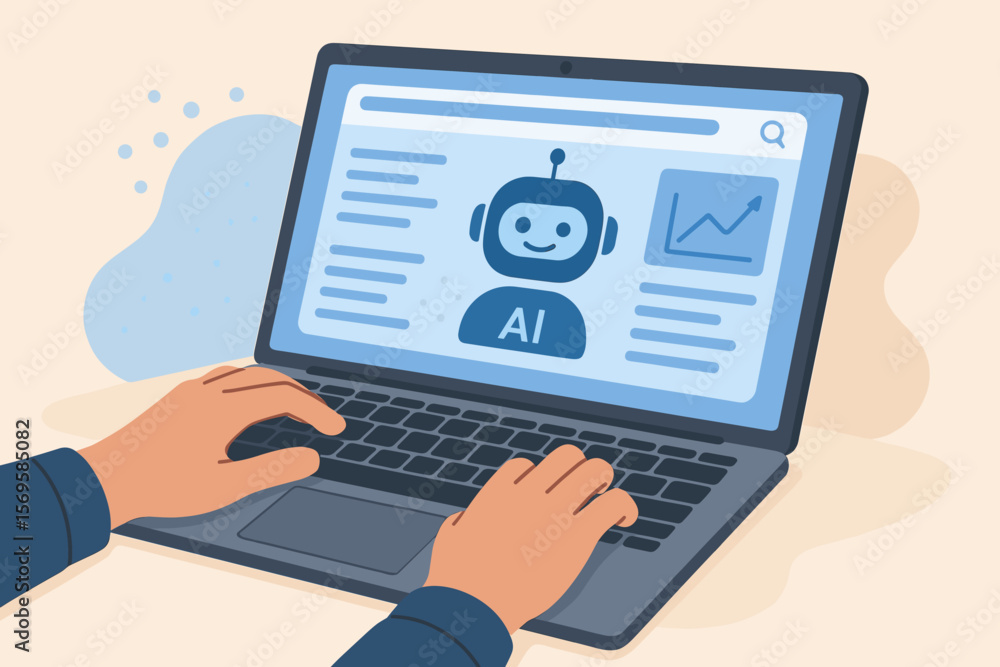 Poster ai assistant on laptop screen. concept of artificial intelligence, machine learning, chatbot technol