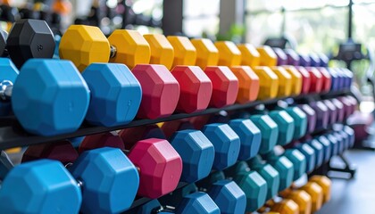 Colorful Dumbbells In Gym Rack