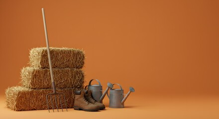 Rustic Farm Scene Hay Bales, Boots, Gardening Tools, and a Pitchfork Against a Warm Orange Background