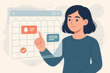Woman planning schedule on a virtual screen calendar. Time management concept with appointment reminders and agenda organization. Business productivity vector illustration.
