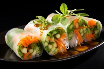 Close up of colorful summer rolls filled with fresh vegetables, rice noodles, and herbs, served with a flavorful dipping sauce