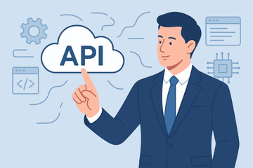 Cloud API, application programming interface concept. Software development and integration tool. Businessman interacts with cloud computing technology, web service and data exchange.